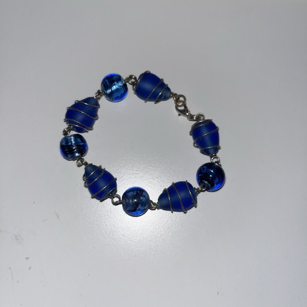 Lampwork Glass Bead Bracelet Blue Wire Wrapped Artisan Handmade OOAK
